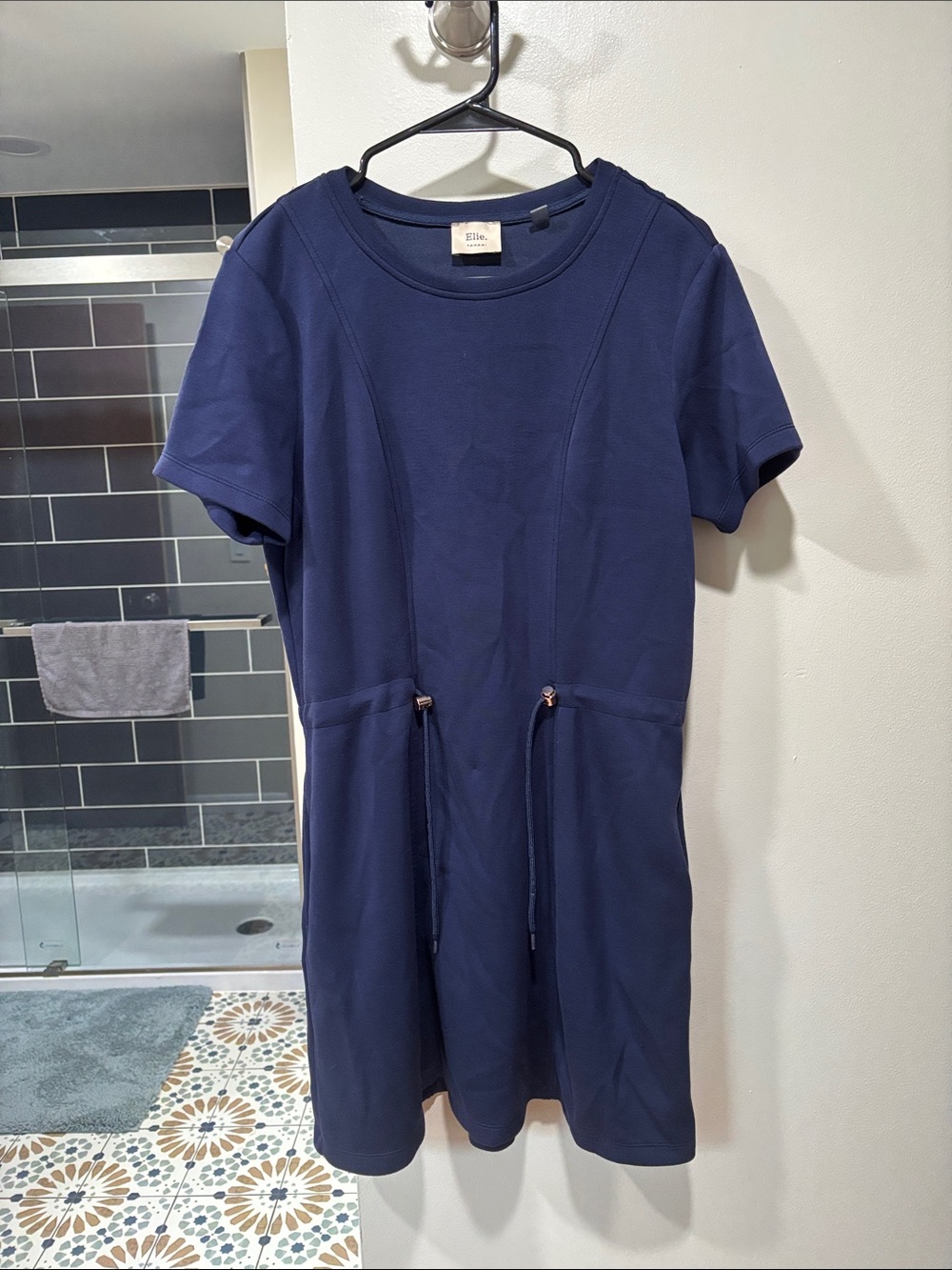 Navy Short Sleeve Drawstring Dress